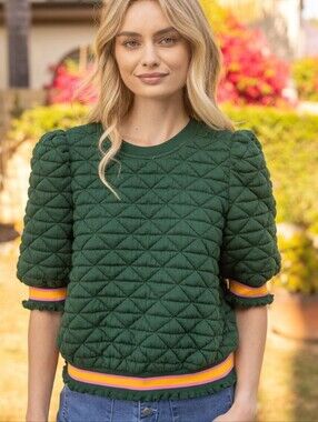 Voy Green Quilted Puff Sleeves Colorful Striped Bands Knit Top - Size Large